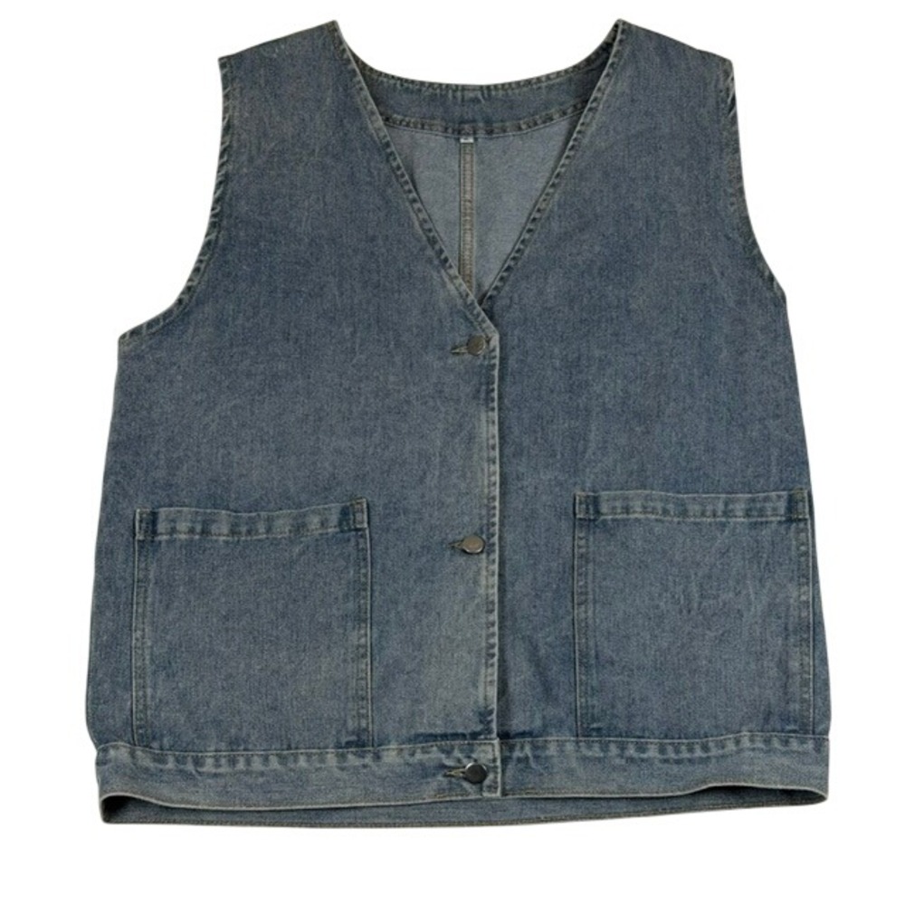Blue Jean Vest Denim Button Front V-Neck Utility Pocket Vest XL LOOSE fit
